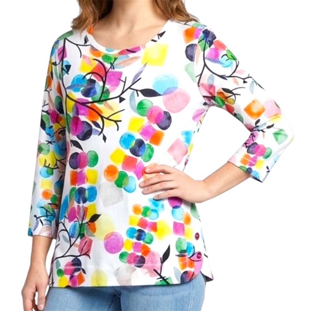 Ali Miles Floral Abstract Watercolor Artsy Pop Dot White Button Tunic Small